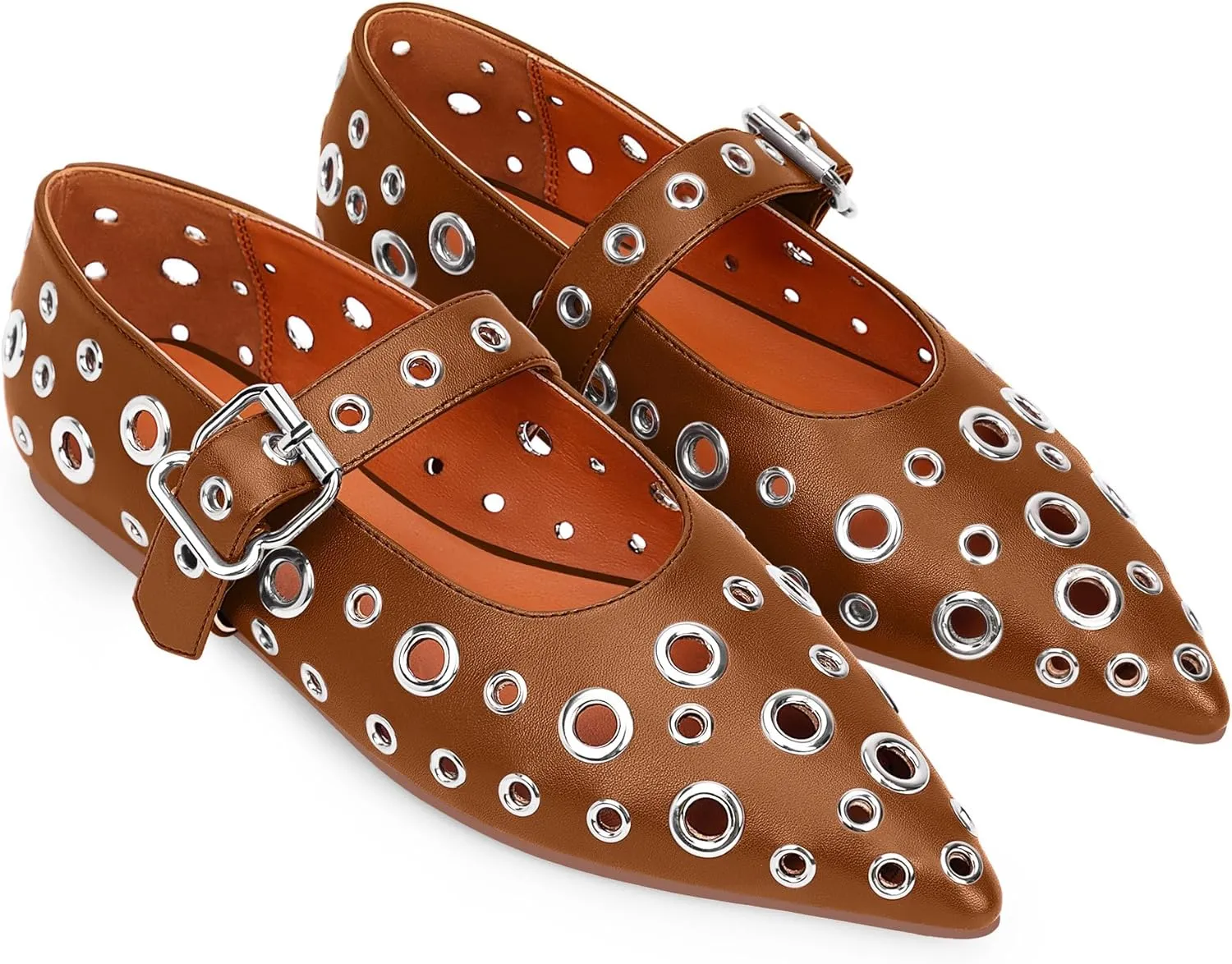 100FIXEO Women's Ballet Flats Metal Eyelet Perforated Studded Buckle Strap Pointed Toe Shoes