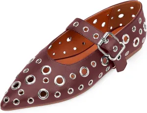 100FIXEO Women's Ballet Flats Metal Eyelet Perforated Studded Buckle Strap Pointed Toe Shoes