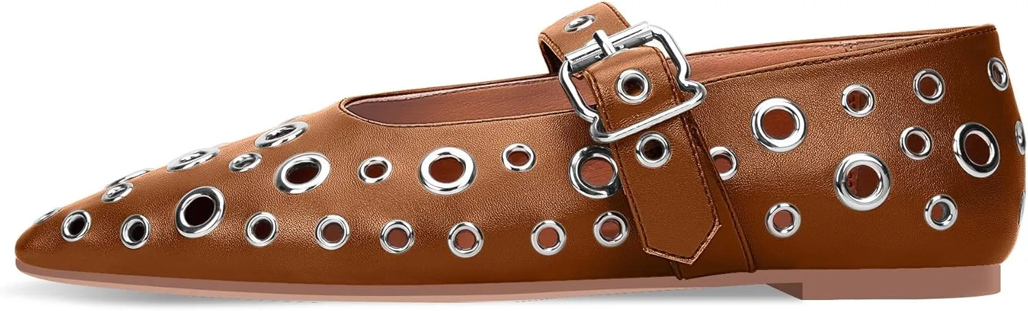 100FIXEO Women's Ballet Flats Metal Eyelet Perforated Studded Buckle Strap Pointed Toe Shoes