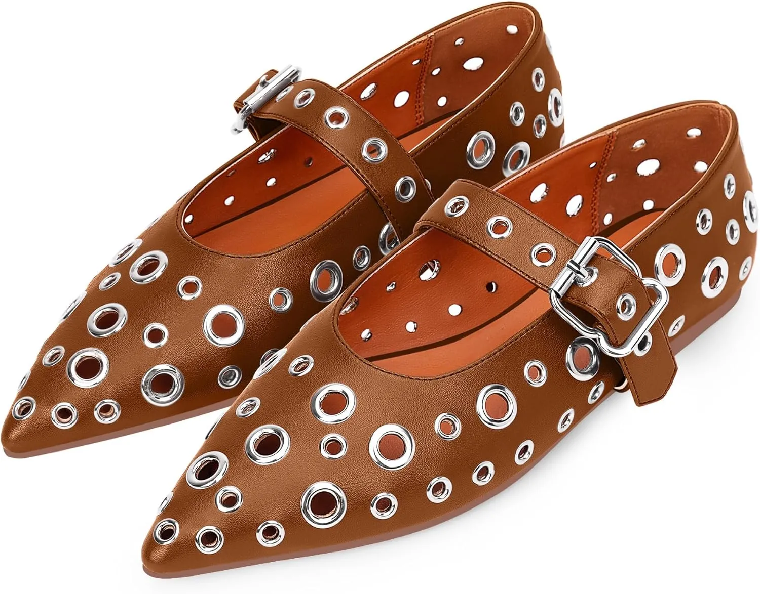 100FIXEO Women's Ballet Flats Metal Eyelet Perforated Studded Buckle Strap Pointed Toe Shoes