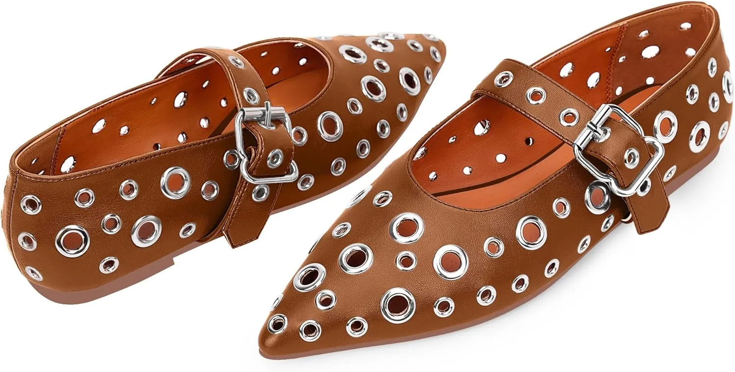 100FIXEO Women's Ballet Flats Metal Eyelet Perforated Studded Buckle Strap Pointed Toe Shoes