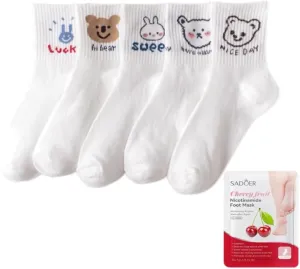 5-Pair Cotton Crew Socks Complimentary Foot Masks - Cute White Bear Mid-Calf Socks (Breathable for Casual & Sports)