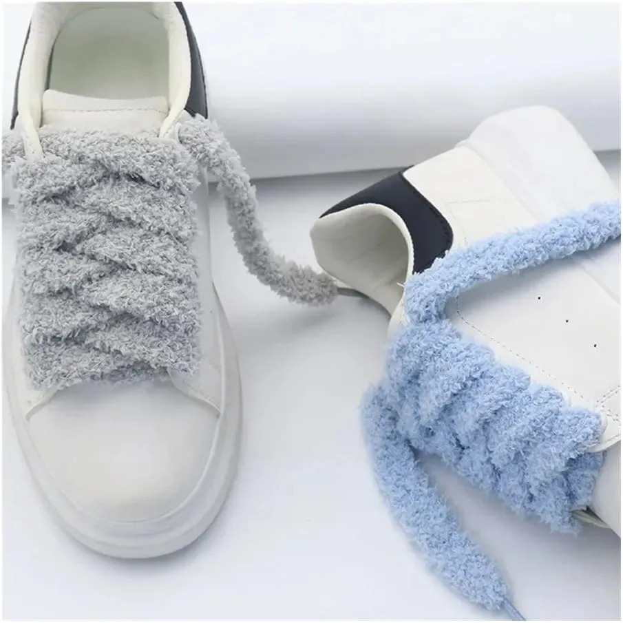 5Pairs Soft 15mm Big Fat Fluffy Fuzzy Laces Wide Flat Plush Towel Shoelaces Design Perfect For Women Casual Sneakers Match