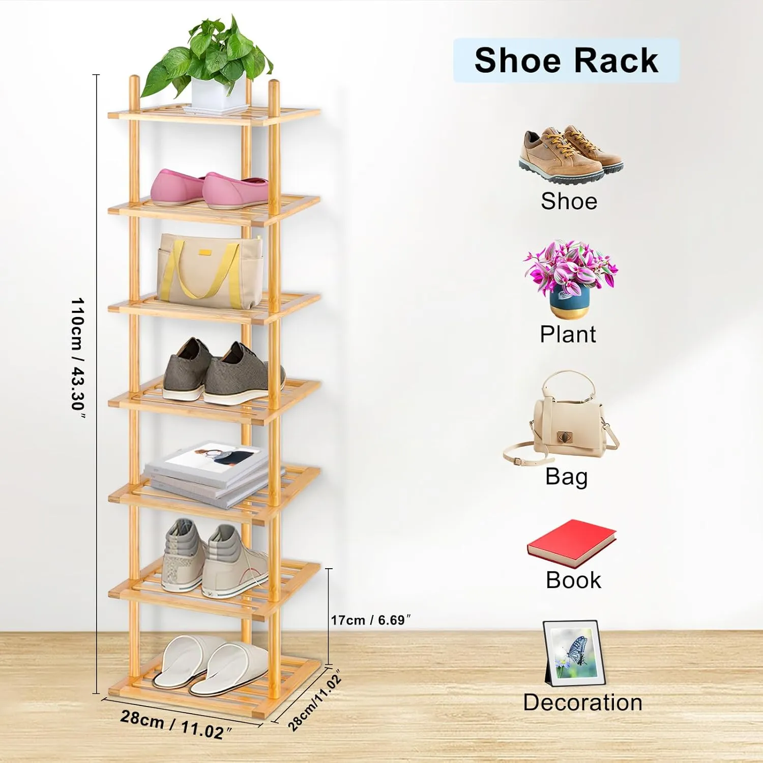 7-Tier Shoe Rack for Closet, Shoes Organizer Free Standing Shelf Entryway and Closet Hallway, Small Space Stackable Bamboo Multifunctional Racks Shoe Storage