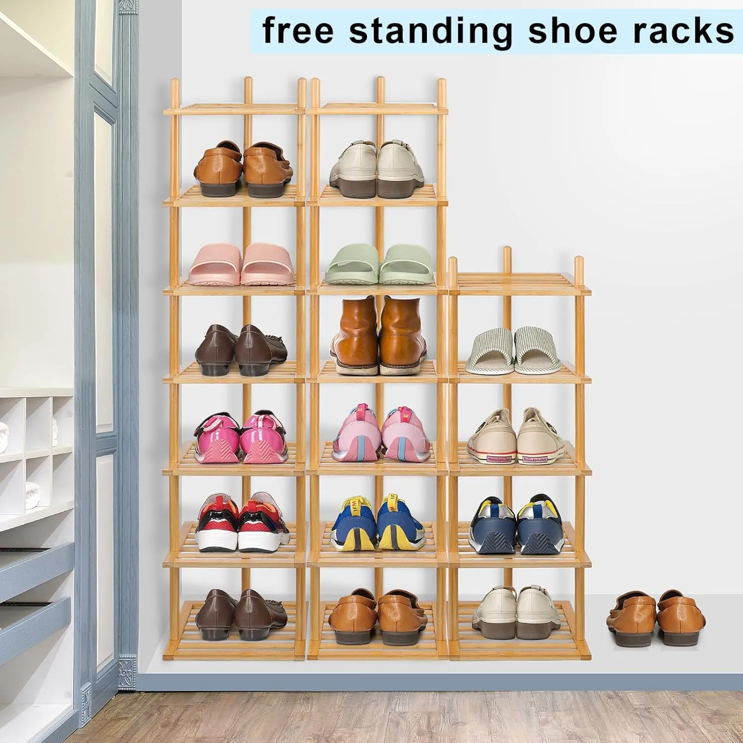 7-Tier Shoe Rack for Closet, Shoes Organizer Free Standing Shelf Entryway and Closet Hallway, Small Space Stackable Bamboo Multifunctional Racks Shoe Storage