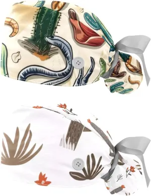 Adjustable Working Caps with Buttons for Women Western Nature Cactus Snake Owboy Boots and Hat Surgical Nurse Hats 2 Pack Multicoloured
