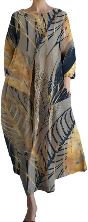 Akivide Womens Casual Loose 3/4 Sleeve Cotton Boho Floral Maxi Dresses Oversized Round Neck Long Maxi Fall Swing Dress