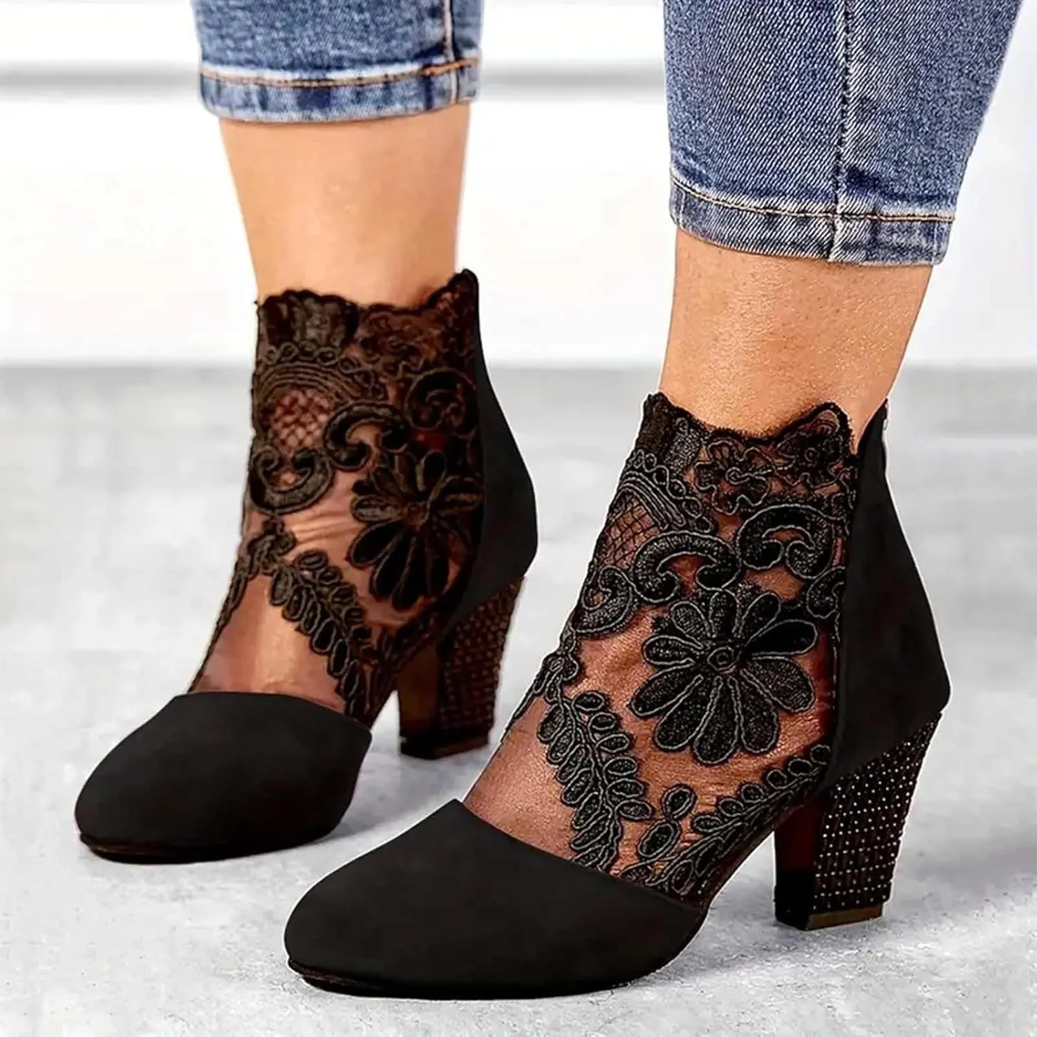 Ankle Booties for Women Back Zipper Closed ToeChunky Heel Floral Lace Mesh Non-Slip Block Heeled Ankle Bootie