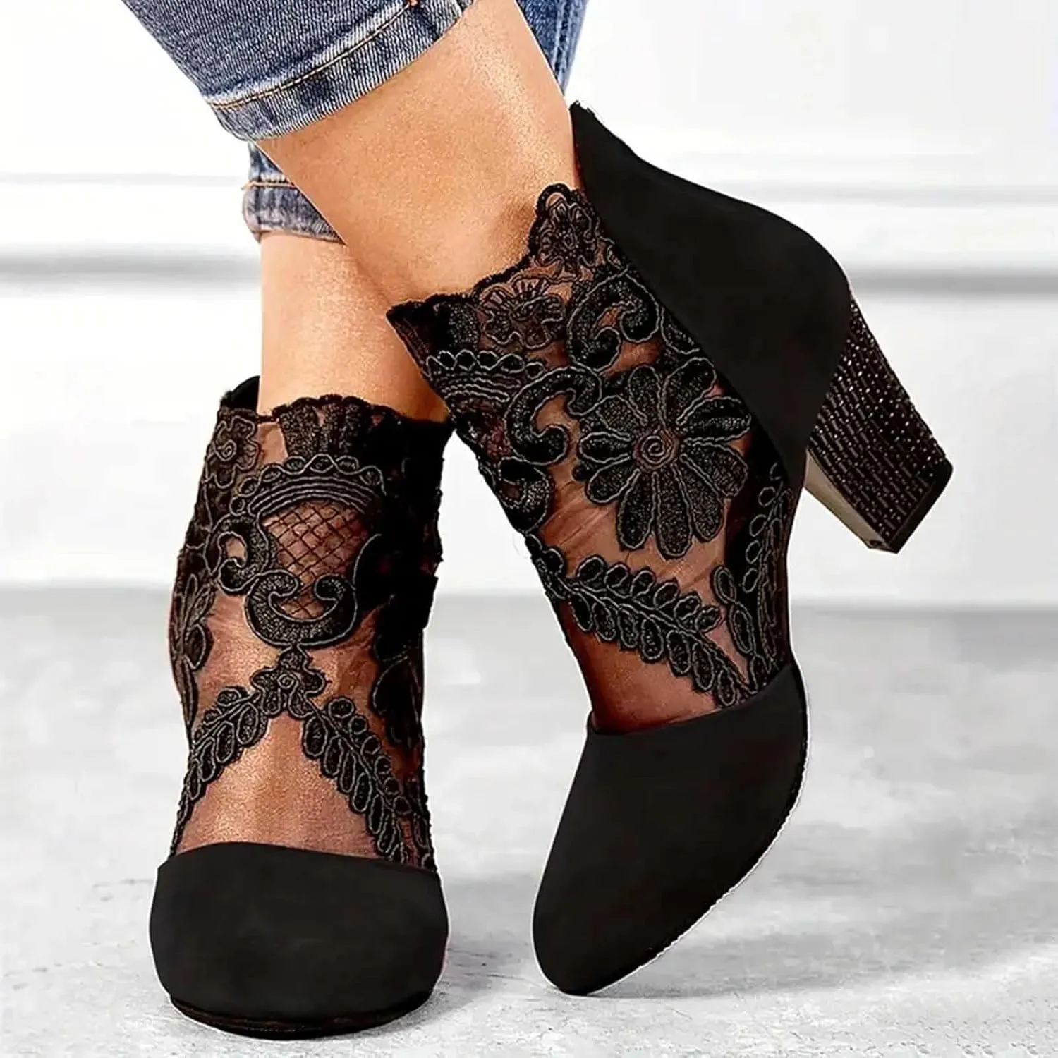 Ankle Booties for Women Back Zipper Closed ToeChunky Heel Floral Lace Mesh Non-Slip Block Heeled Ankle Bootie