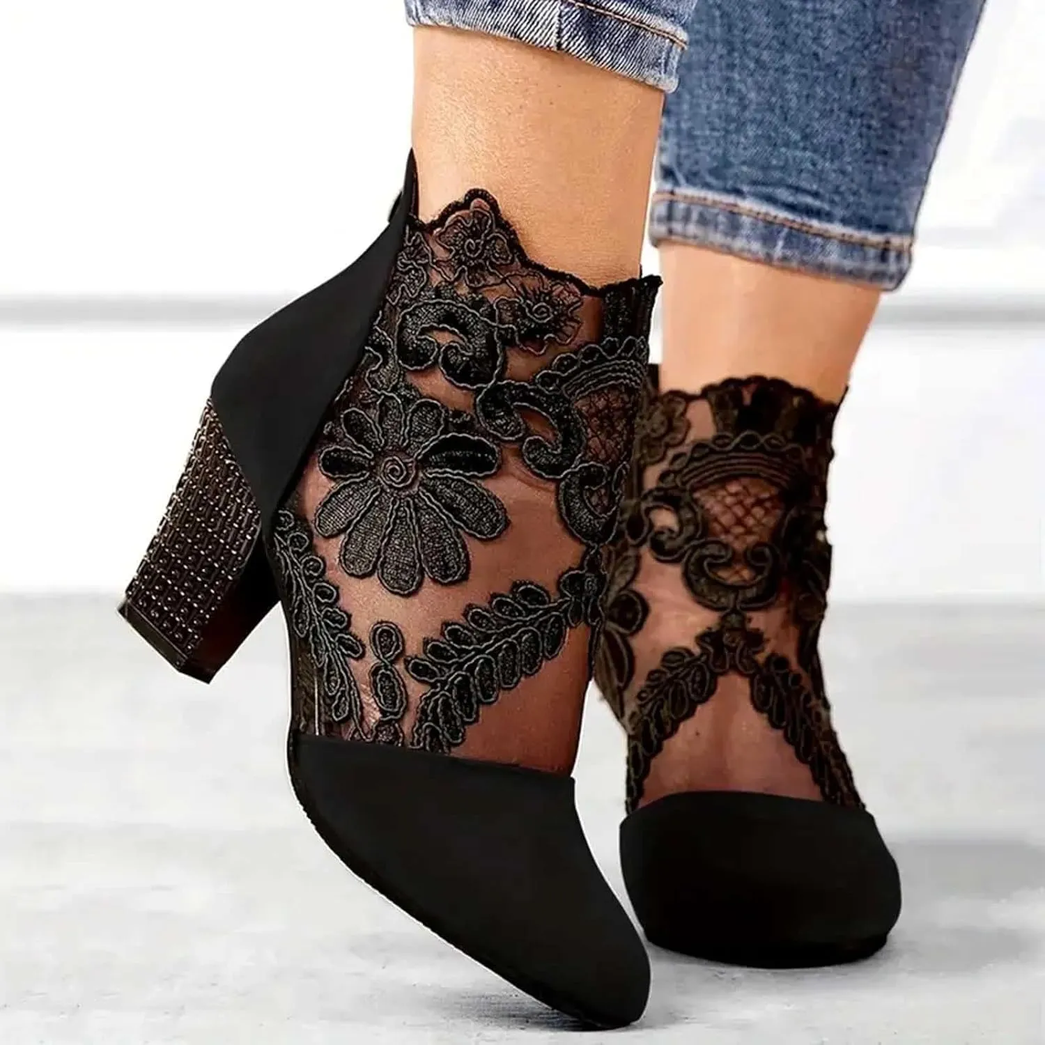 Ankle Booties for Women Back Zipper Closed ToeChunky Heel Floral Lace Mesh Non-Slip Block Heeled Ankle Bootie