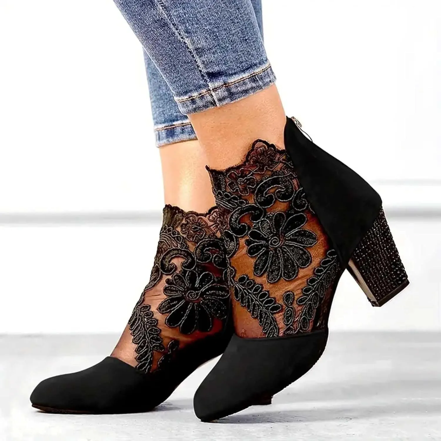 Ankle Booties for Women Back Zipper Closed ToeChunky Heel Floral Lace Mesh Non-Slip Block Heeled Ankle Bootie