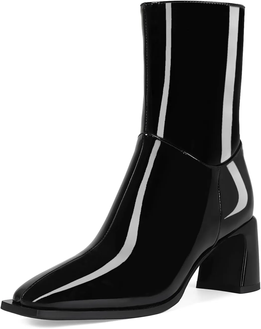 Ankle High Boots for Women Trendy Square Toe Mid-calf boots Block Chunky Heel Short Booties Side Zipper Patent Leather Dress Boots for Women.