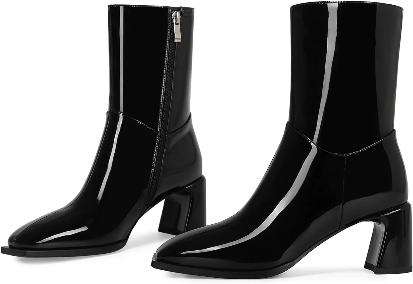 Ankle High Boots for Women Trendy Square Toe Mid-calf boots Block Chunky Heel Short Booties Side Zipper Patent Leather Dress Boots for Women.