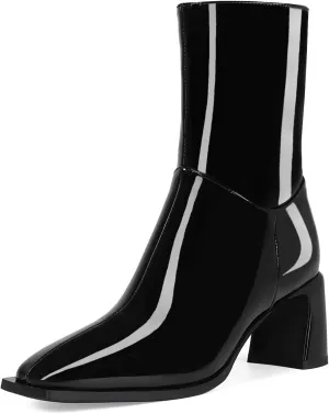 Ankle High Boots for Women Trendy Square Toe Mid-calf boots Block Chunky Heel Short Booties Side Zipper Patent Leather Dress Boots for Women.