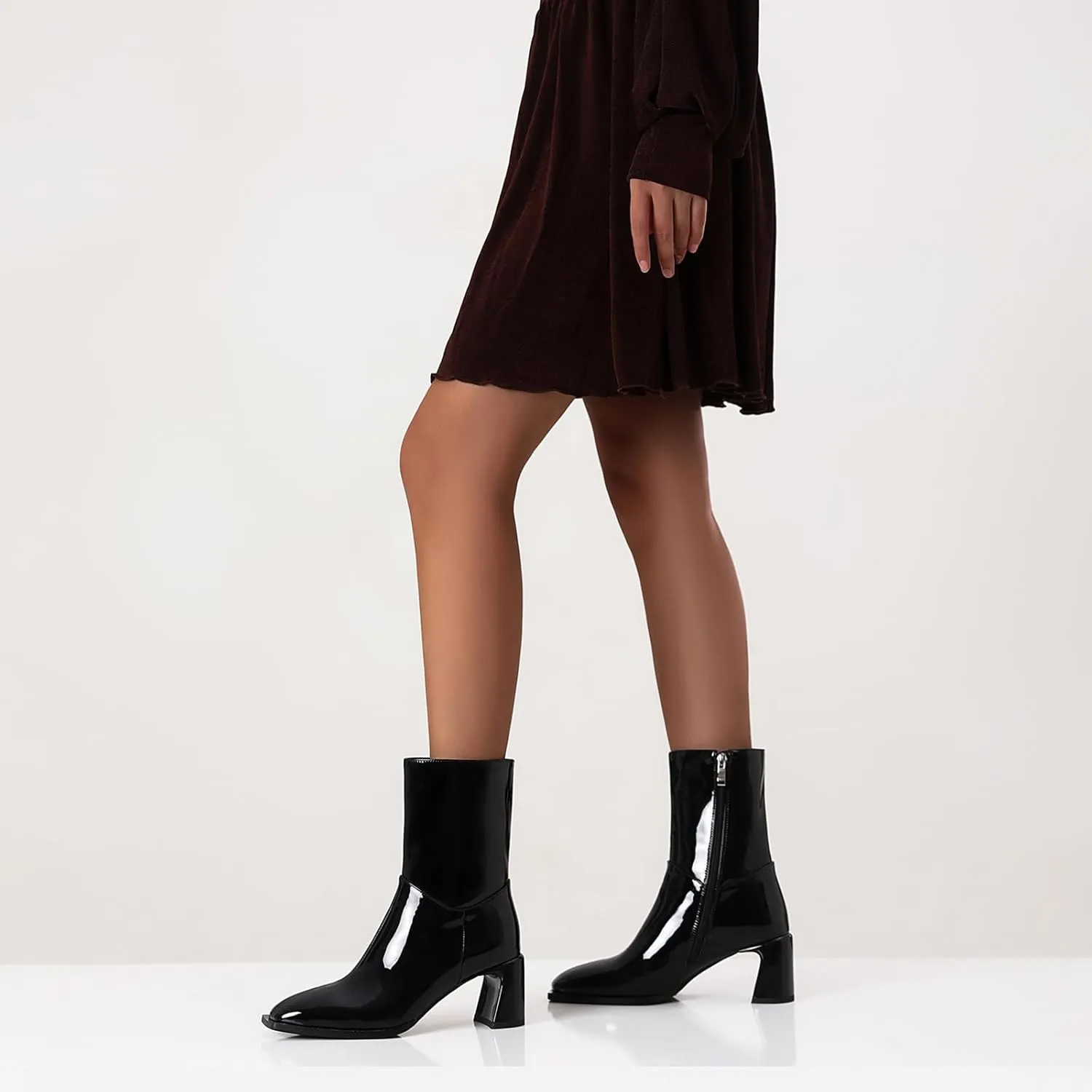Ankle High Boots for Women Trendy Square Toe Mid-calf boots Block Chunky Heel Short Booties Side Zipper Patent Leather Dress Boots for Women.