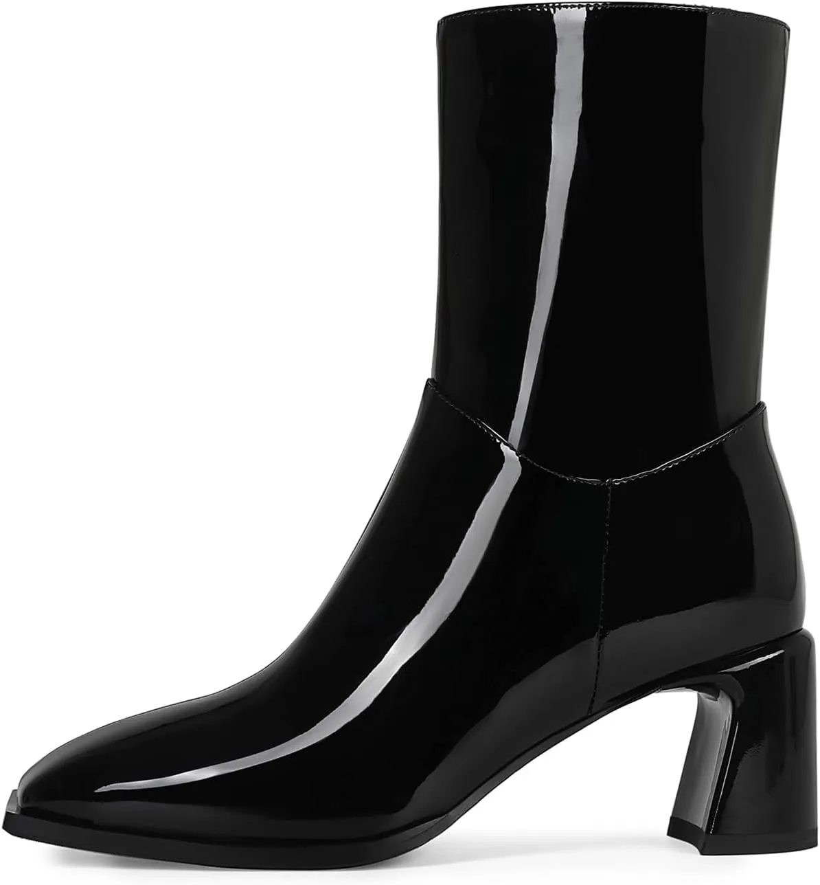 Ankle High Boots for Women Trendy Square Toe Mid-calf boots Block Chunky Heel Short Booties Side Zipper Patent Leather Dress Boots for Women.