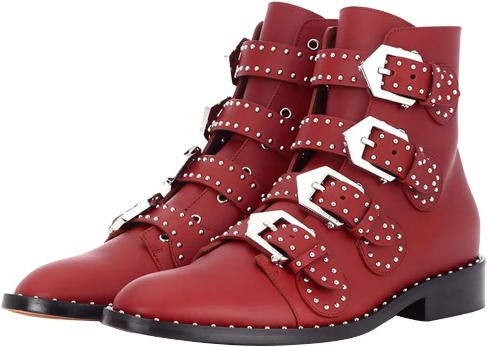 Arqa Studded Ankle Boots for Women Round Toe Rivet Buckle Strap Riding Boot Low Heel Motorcycle Booties