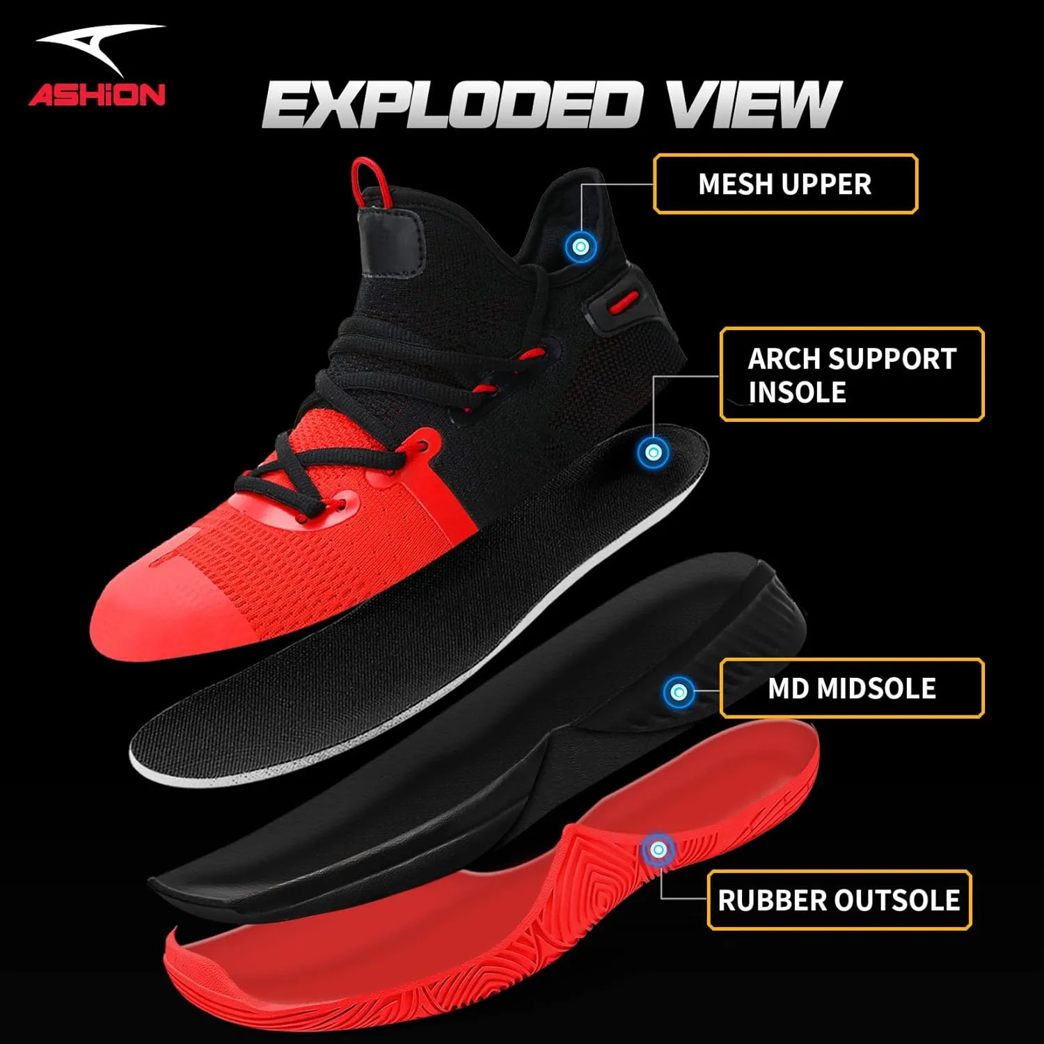 ASHION Men Basketball Shoes Arch Support Mens Sneakers Anti Slip Breathable Comfortable High Top Sports Running Walking Tennis Shoes