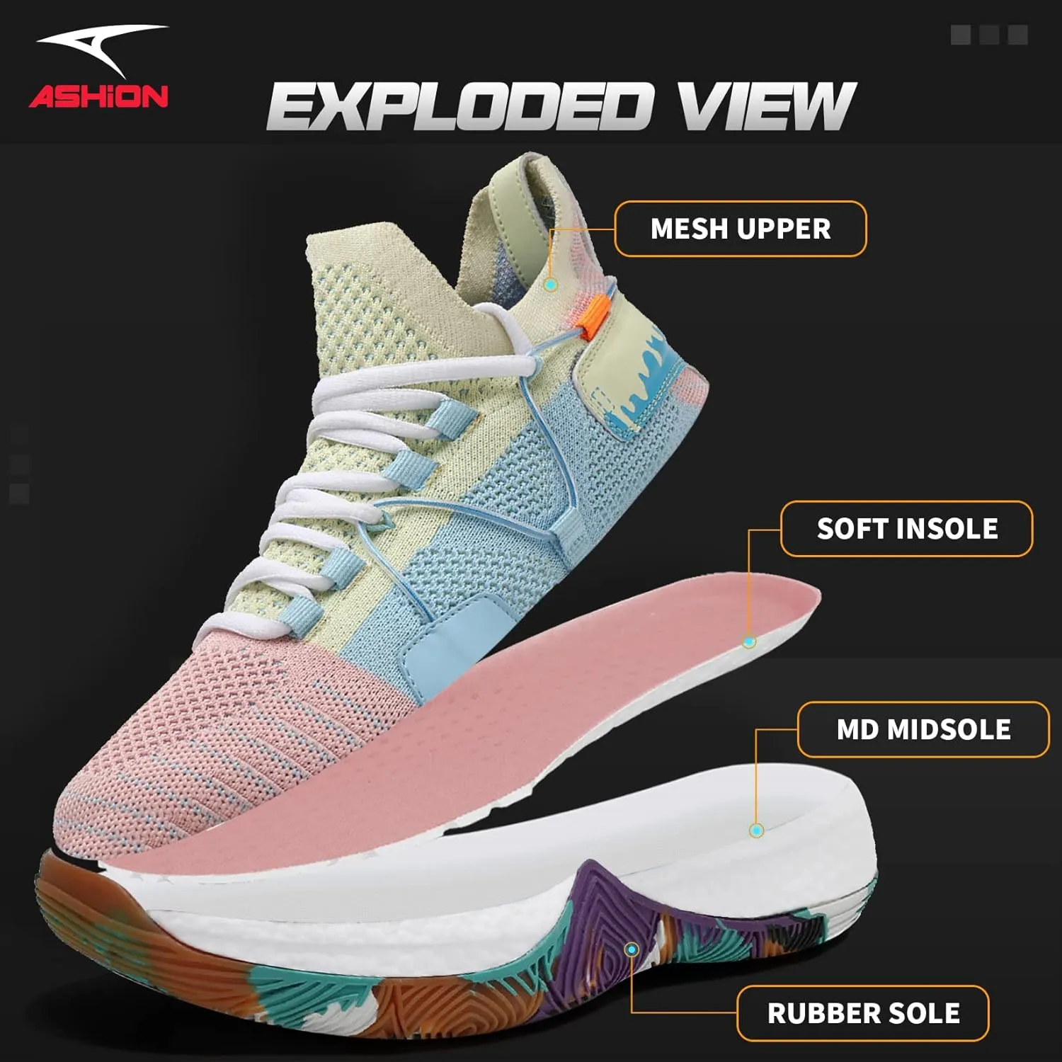 ASHION Men Basketball Shoes Arch Support Mens Sneakers Anti Slip Breathable Comfortable High Top Sports Running Walking Tennis Shoes