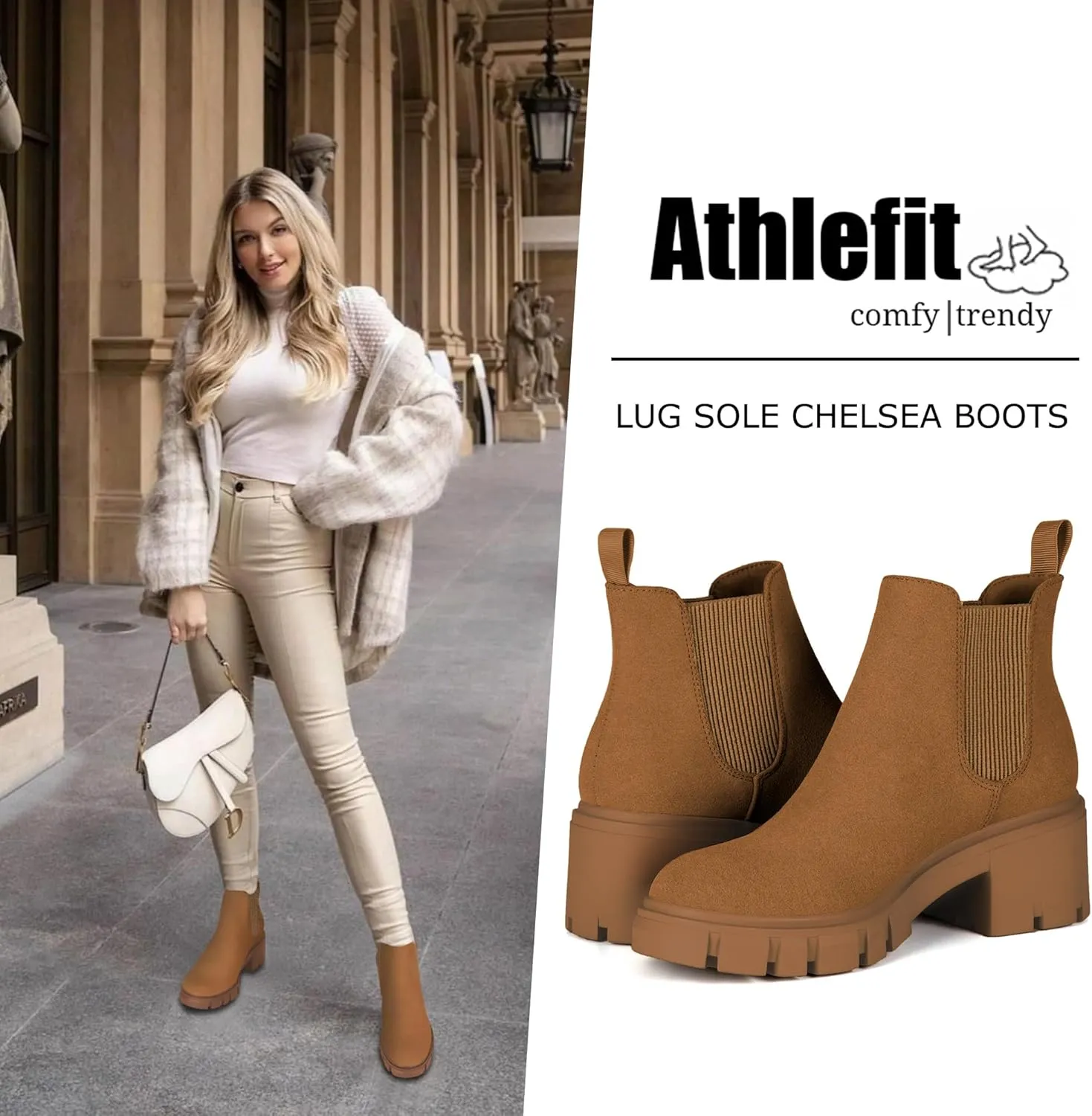 Athlefit Women's Chelsea Boots Fashion Lug Sole Chunky Heel Slip on Elastic Ankle Booties