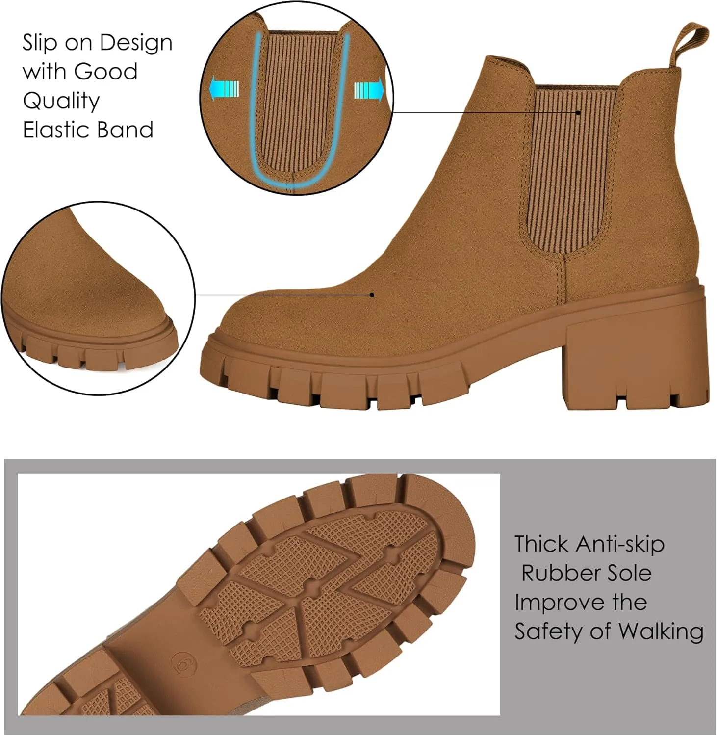 Athlefit Women's Chelsea Boots Fashion Lug Sole Chunky Heel Slip on Elastic Ankle Booties