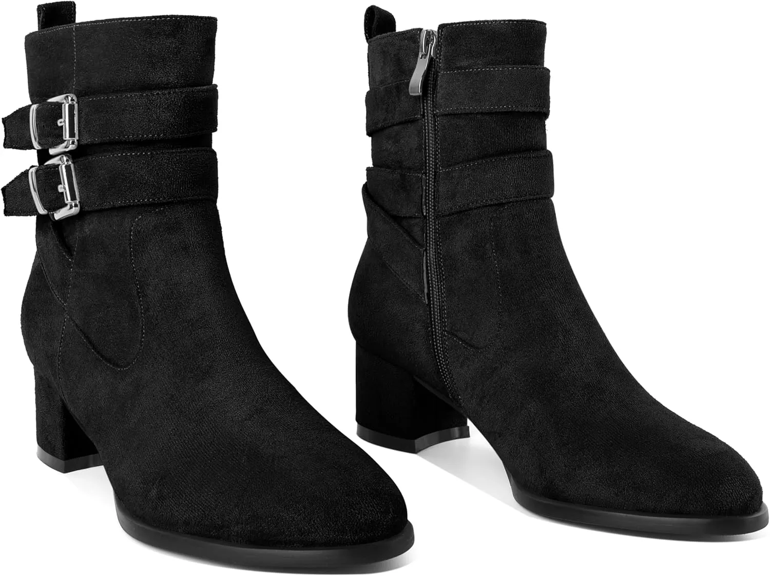 AUMOTED Kitten Low Ankle Boots for Women Chunky Block Heel Bootie Side Zipper Round Toe Double Adjustable Buckle Boots Women 2 Inch Heeled Boots