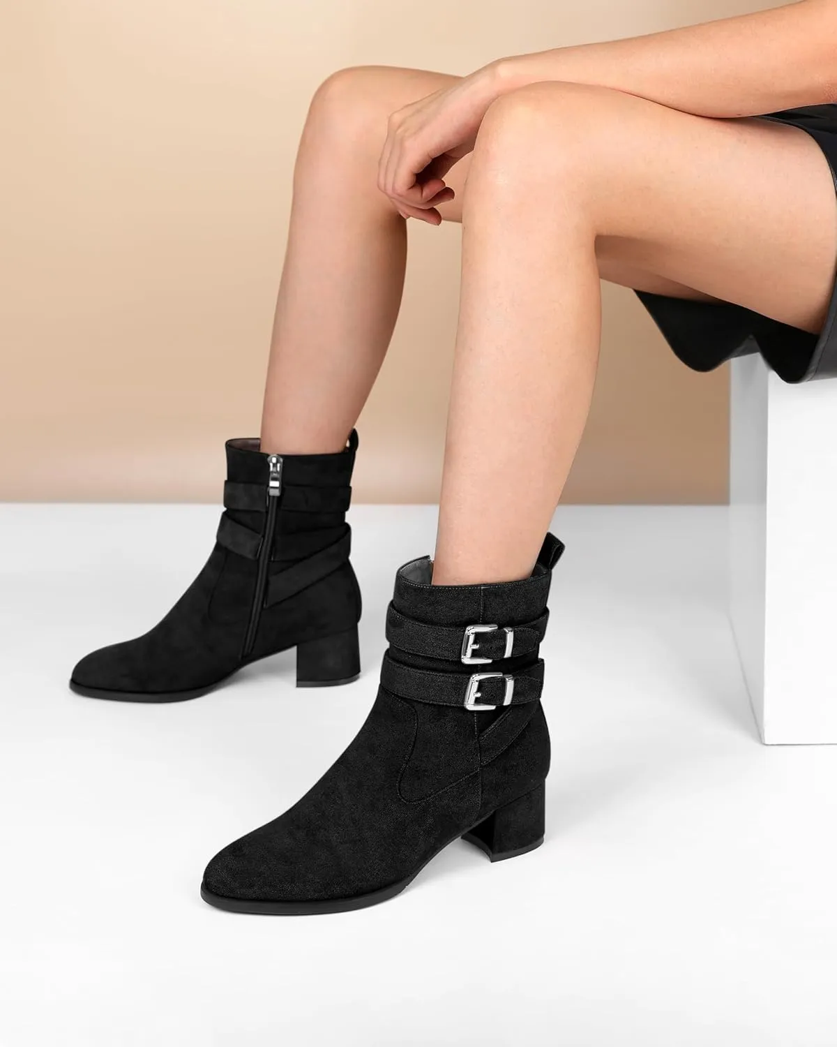 AUMOTED Kitten Low Ankle Boots for Women Chunky Block Heel Bootie Side Zipper Round Toe Double Adjustable Buckle Boots Women 2 Inch Heeled Boots