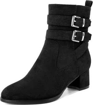 AUMOTED Kitten Low Ankle Boots for Women Chunky Block Heel Bootie Side Zipper Round Toe Double Adjustable Buckle Boots Women 2 Inch Heeled Boots
