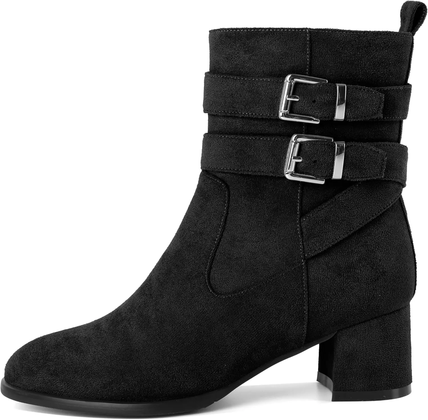 AUMOTED Kitten Low Ankle Boots for Women Chunky Block Heel Bootie Side Zipper Round Toe Double Adjustable Buckle Boots Women 2 Inch Heeled Boots