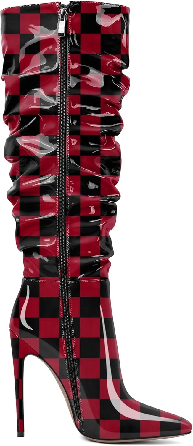AUMOTED Knee High Boots for Women Stiletto Heel Womens Boots Side Zipper Slouchy High Boots for Women 4.7 Inch Heeled Boots