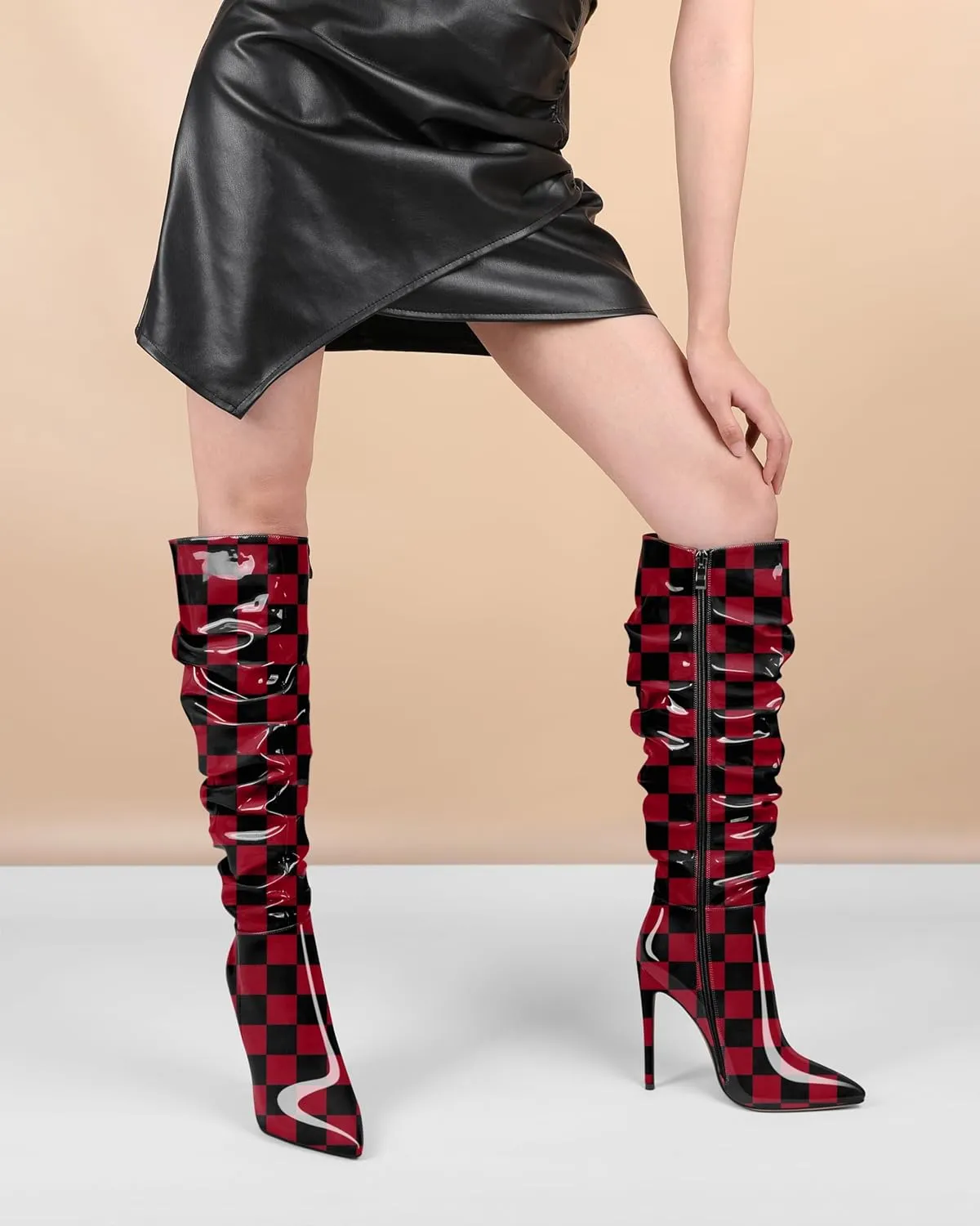 AUMOTED Knee High Boots for Women Stiletto Heel Womens Boots Side Zipper Slouchy High Boots for Women 4.7 Inch Heeled Boots