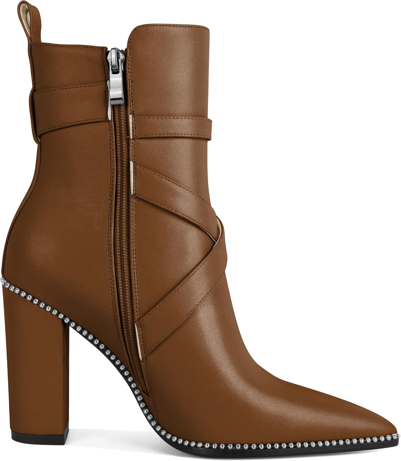 AUMOTED Womens Pointed Toe Beaded Chunky Ankle Boots Side Zipper 3.5 Inches High Heel Western Boots