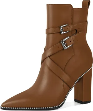 AUMOTED Womens Pointed Toe Beaded Chunky Ankle Boots Side Zipper 3.5 Inches High Heel Western Boots