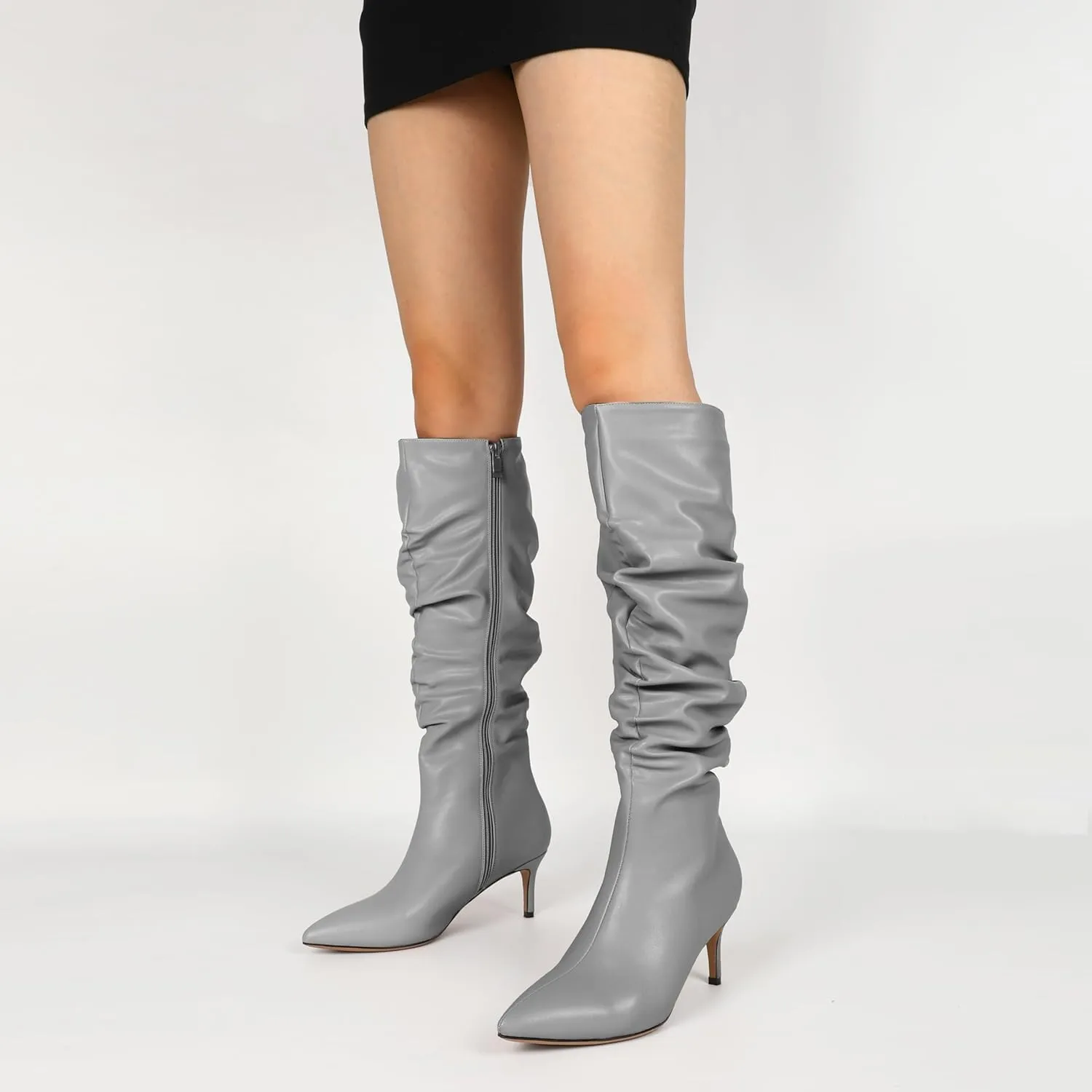 AUMOTED Womens Slouchy Knee High Boots Mid Calf Boots Kitten Heel Pointed Toe Pull On Long Boots Winter Shoes 2.5 Inch Heeled Boots