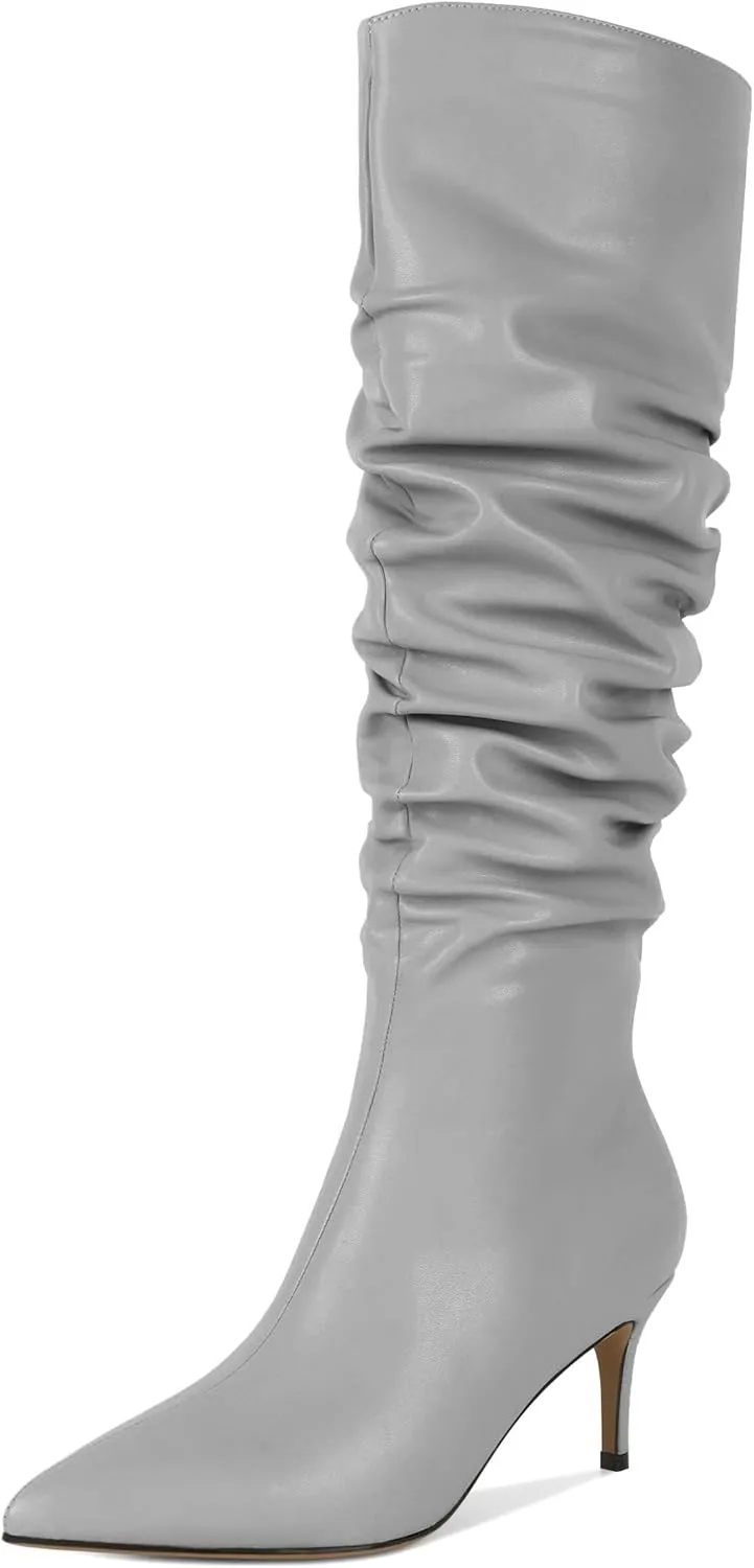 AUMOTED Womens Slouchy Knee High Boots Mid Calf Boots Kitten Heel Pointed Toe Pull On Long Boots Winter Shoes 2.5 Inch Heeled Boots