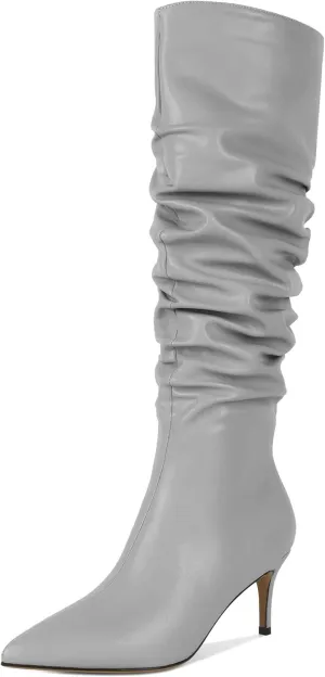 AUMOTED Womens Slouchy Knee High Boots Mid Calf Boots Kitten Heel Pointed Toe Pull On Long Boots Winter Shoes 2.5 Inch Heeled Boots
