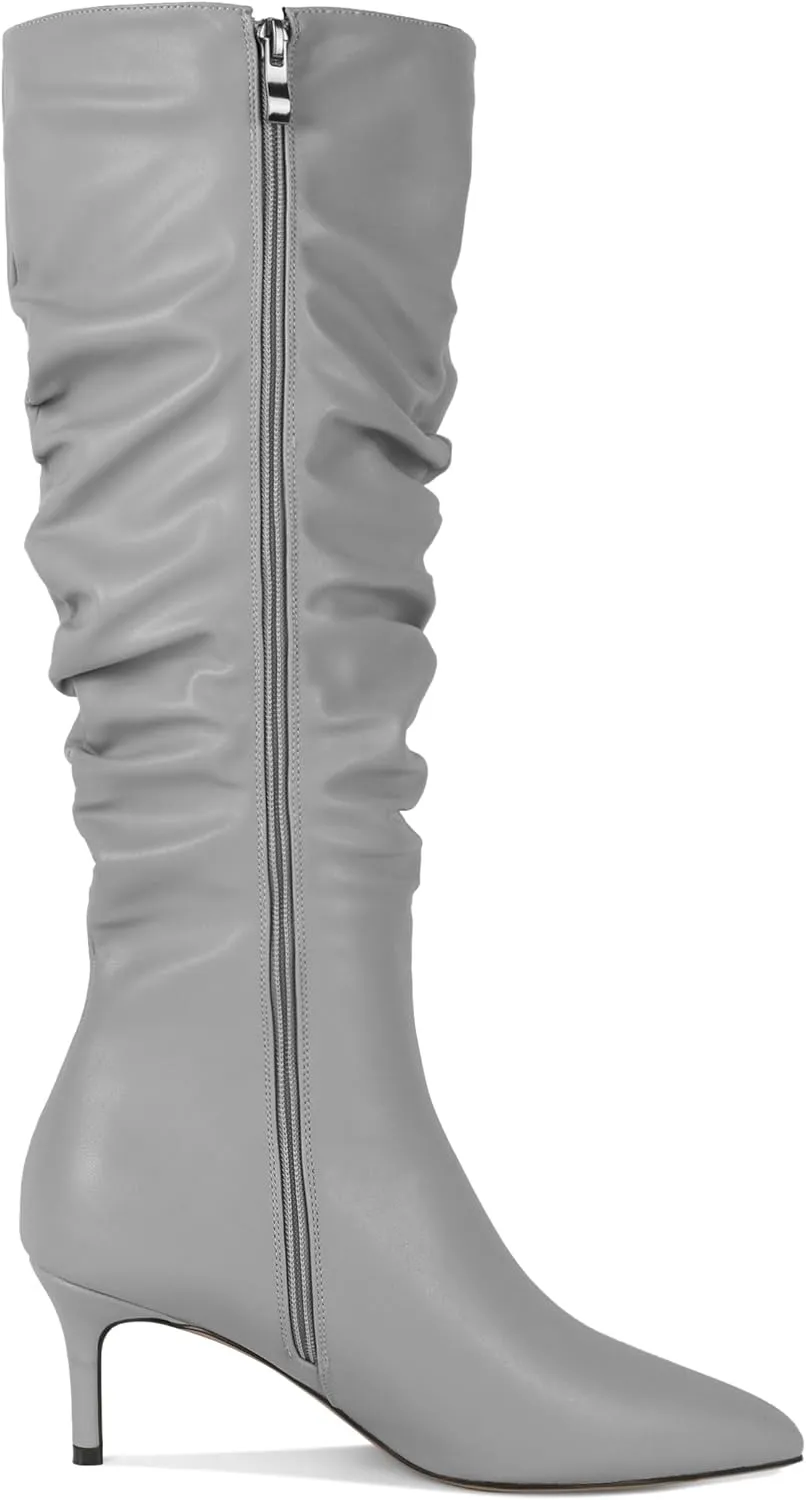 AUMOTED Womens Slouchy Knee High Boots Mid Calf Boots Kitten Heel Pointed Toe Pull On Long Boots Winter Shoes 2.5 Inch Heeled Boots