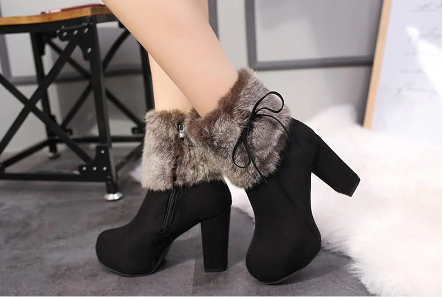 AUNTHUI Women's Winter Suede Fleece Pointed Toe Chunky Heel High Heels, Side Zipper Warm Comfortable Non-slip Fashion Snow Boots