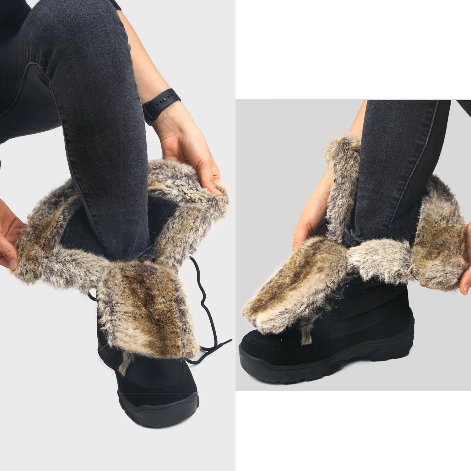 AUSLAND Women's Black Winter Snow Boots Twin Peaks Fur Cuff Mid-Calf Waterproof Lace Up Boots