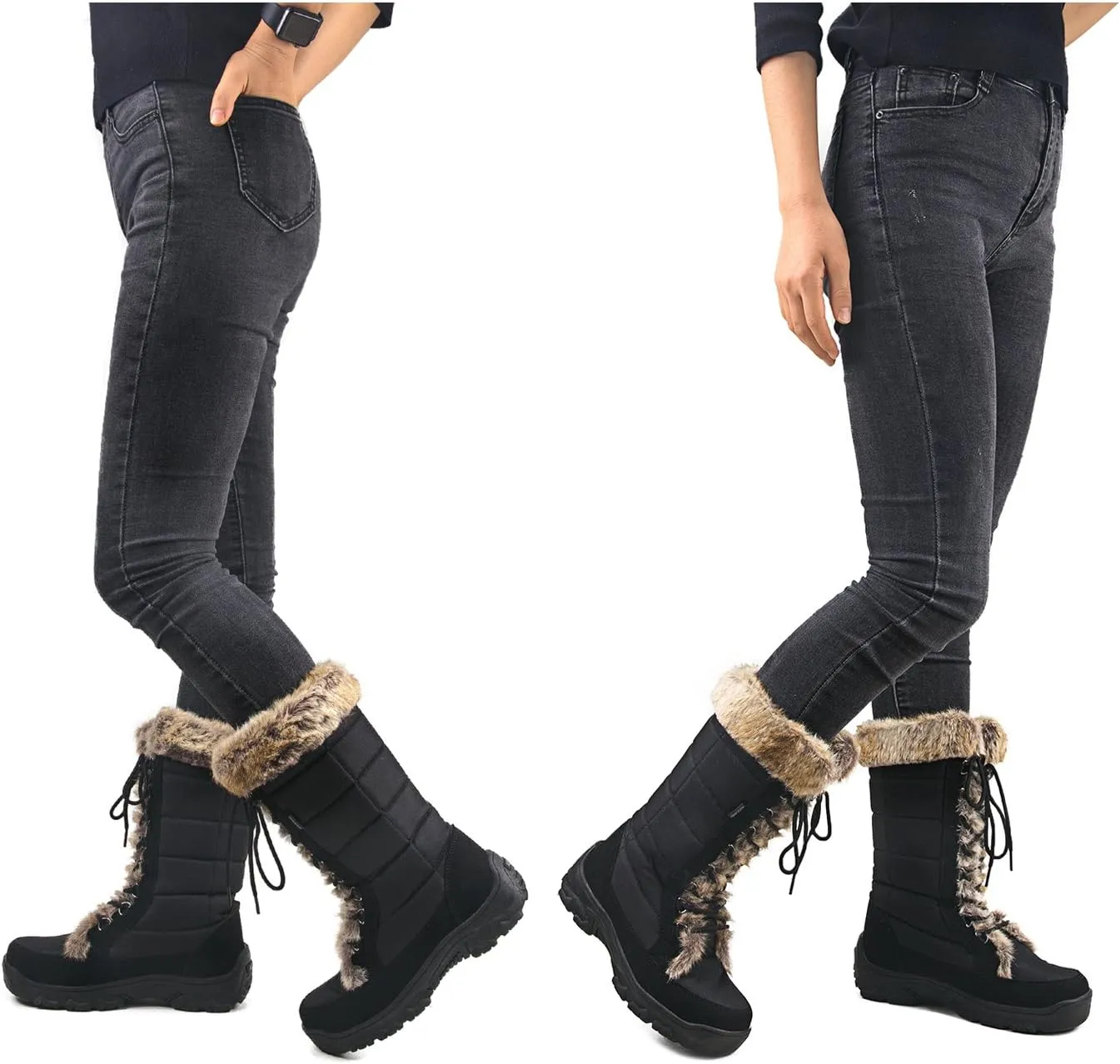 AUSLAND Women's Black Winter Snow Boots Twin Peaks Fur Cuff Mid-Calf Waterproof Lace Up Boots
