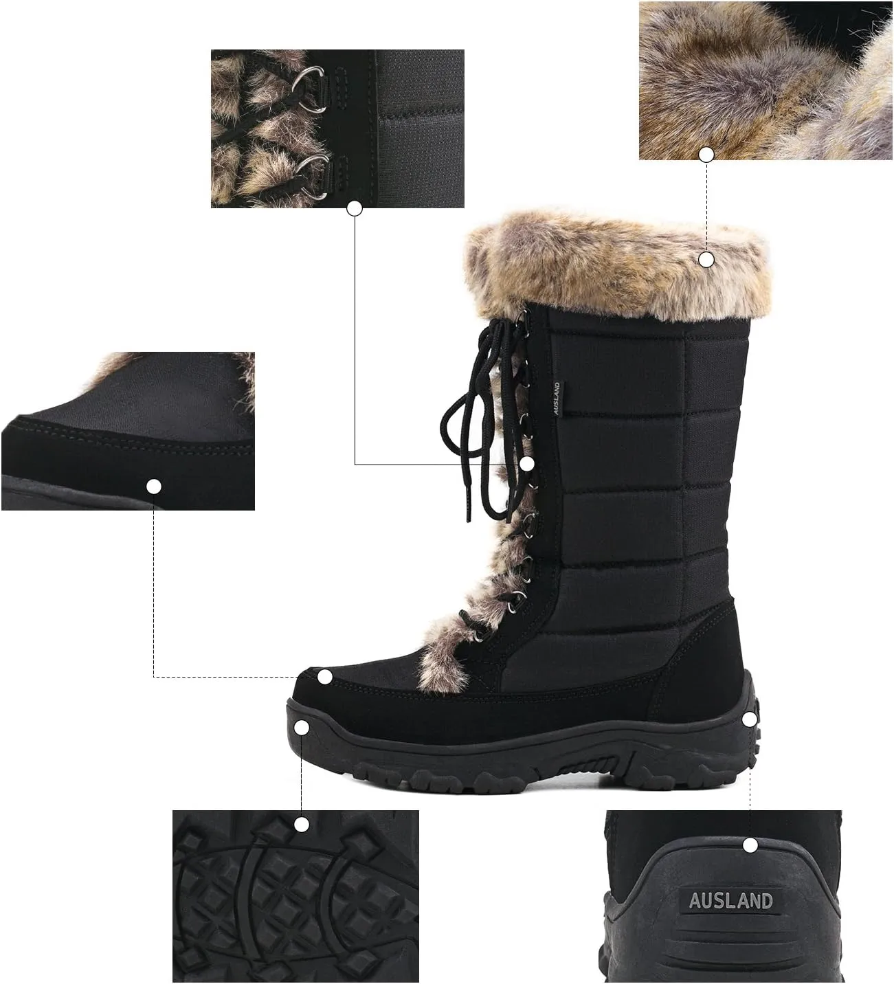 AUSLAND Women's Black Winter Snow Boots Twin Peaks Fur Cuff Mid-Calf Waterproof Lace Up Boots