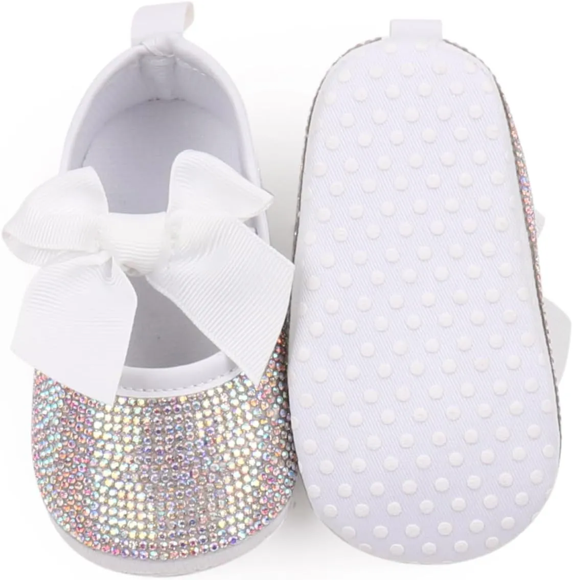 Baby Girls Mary Jane Flats Sparkly Bow Diamonds Princess Dress Shoes Anti-Slip Infant Crib Shoes