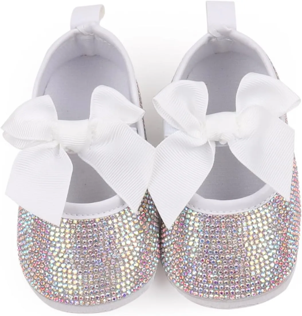 Baby Girls Mary Jane Flats Sparkly Bow Diamonds Princess Dress Shoes Anti-Slip Infant Crib Shoes