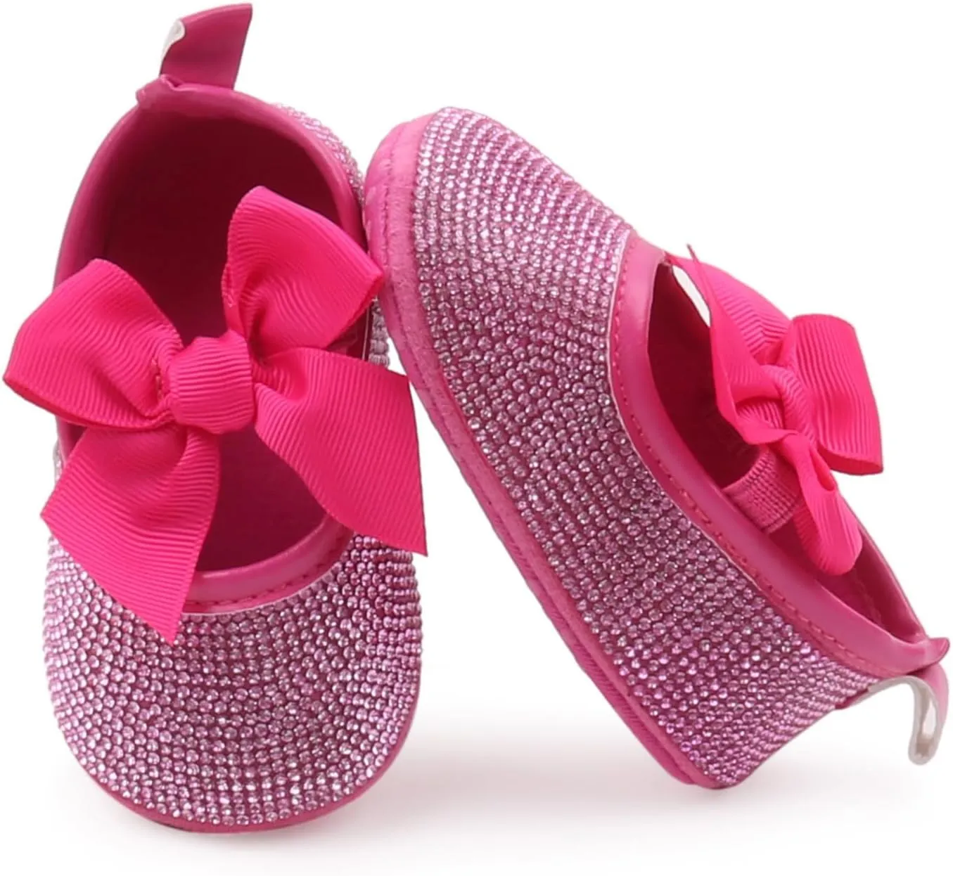 Baby Girls Mary Jane Flats Sparkly Bow Diamonds Princess Dress Shoes Anti-Slip Infant Crib Shoes