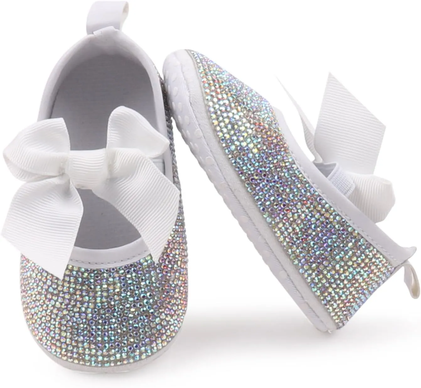 Baby Girls Mary Jane Flats Sparkly Bow Diamonds Princess Dress Shoes Anti-Slip Infant Crib Shoes