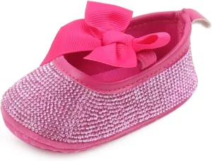 Baby Girls Mary Jane Flats Sparkly Bow Diamonds Princess Dress Shoes Anti-Slip Infant Crib Shoes