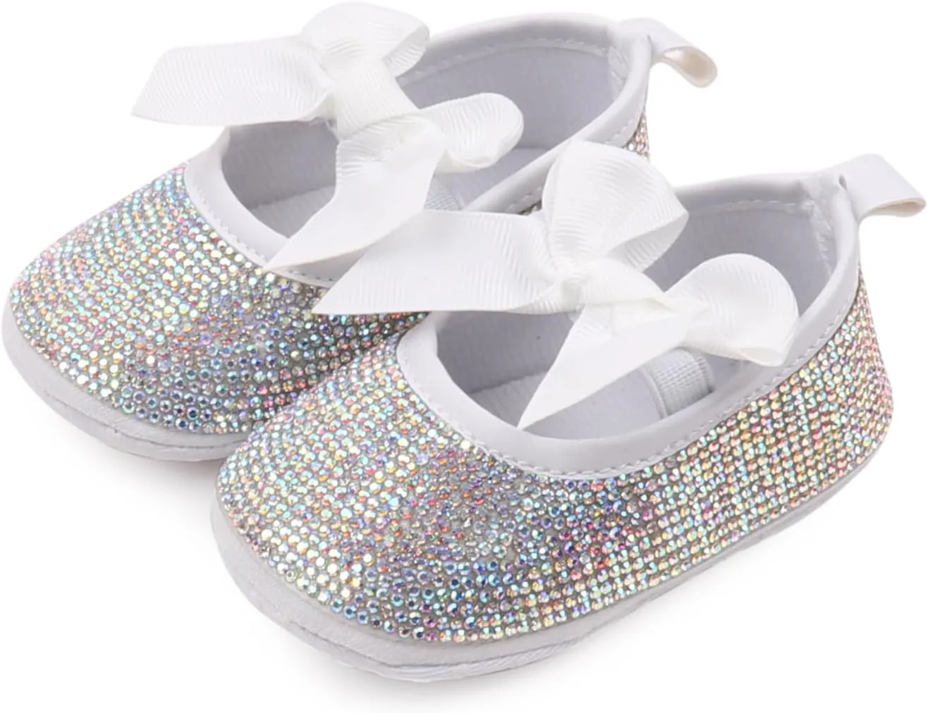 Baby Girls Mary Jane Flats Sparkly Bow Diamonds Princess Dress Shoes Anti-Slip Infant Crib Shoes