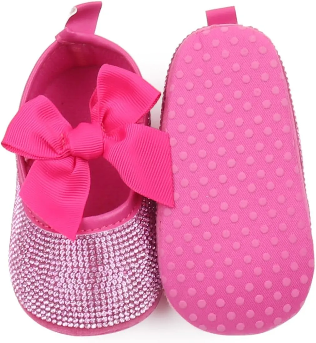 Baby Girls Mary Jane Flats Sparkly Bow Diamonds Princess Dress Shoes Anti-Slip Infant Crib Shoes