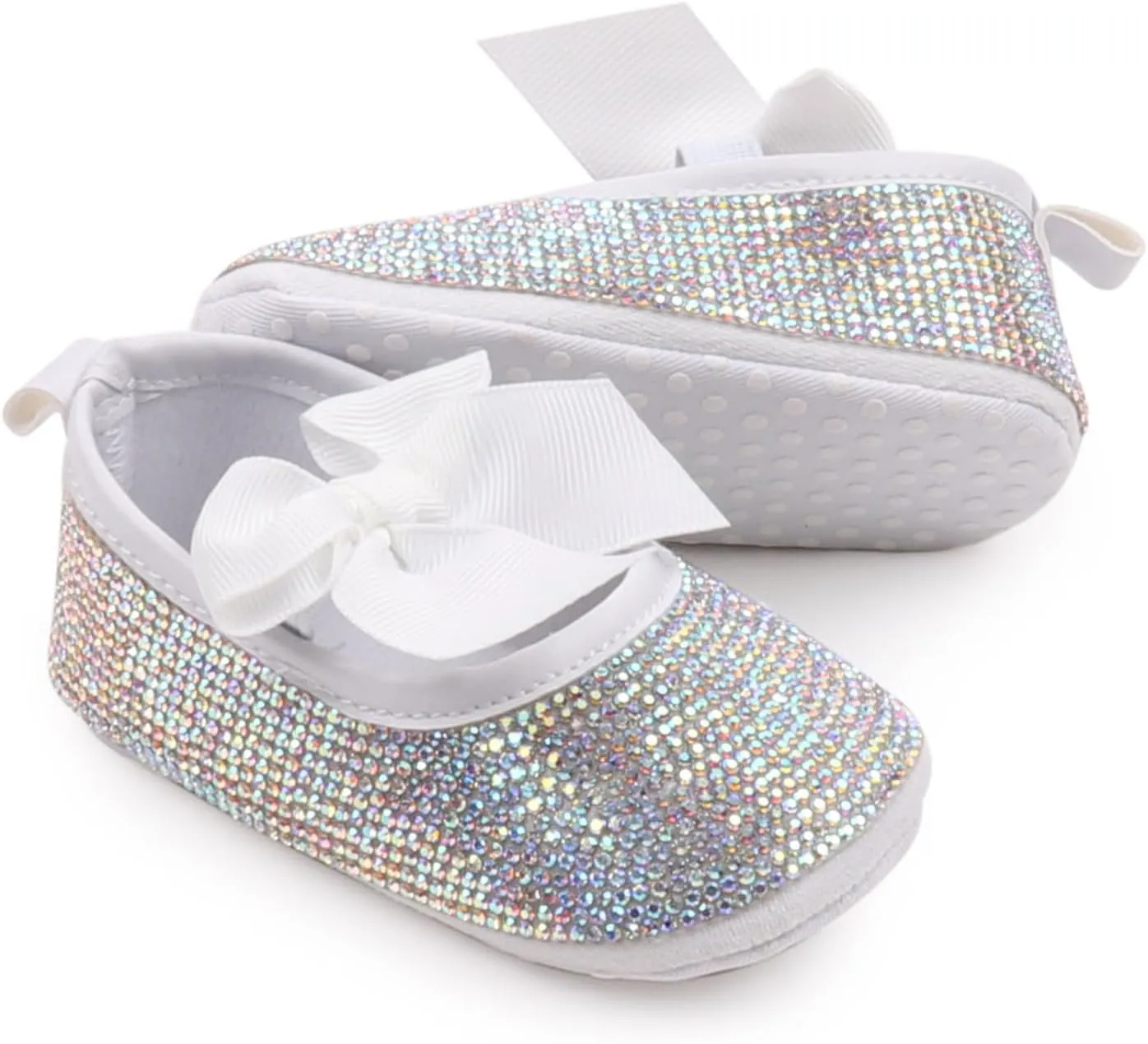 Baby Girls Mary Jane Flats Sparkly Bow Diamonds Princess Dress Shoes Anti-Slip Infant Crib Shoes