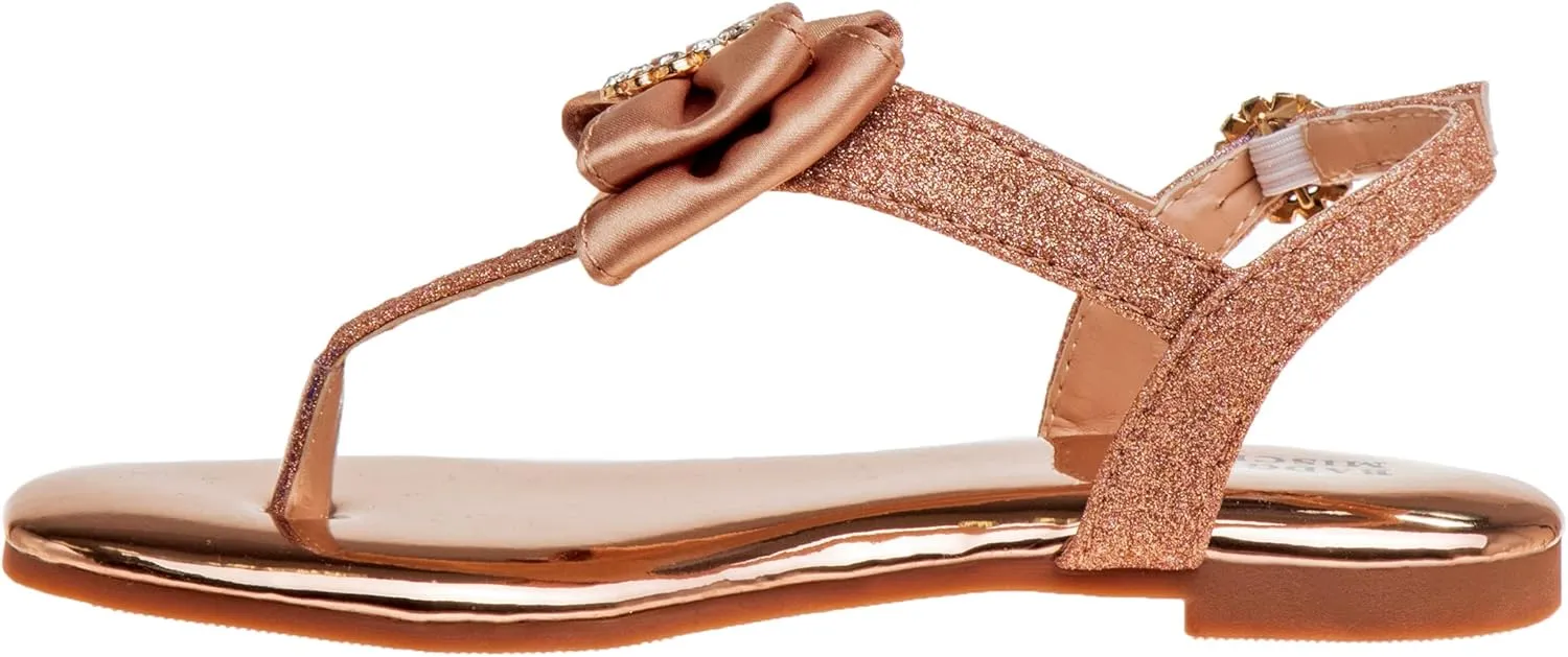 Badgley Mischka Toddler Girls Sandals with Bow - Kid Dress Shoes Slip-On Open Toe Flat Sandal Rhinestone Strappy Glitter (Big Kid/Little Kid) (Black/Silver/RoseGold)